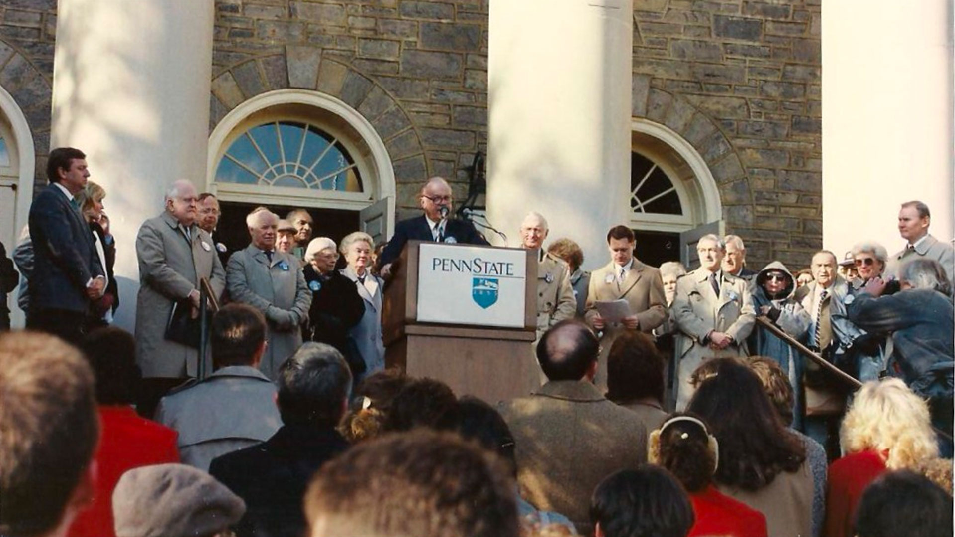 William Schreyer speaking from the steps of Old Main