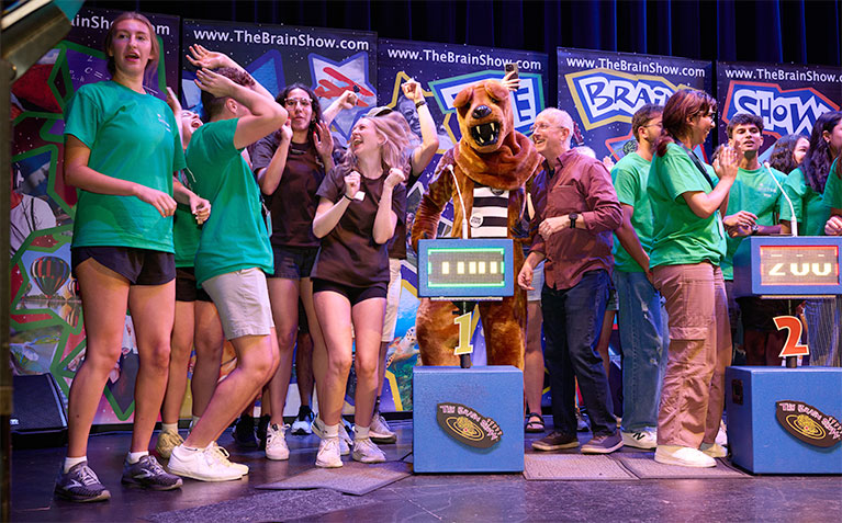 Schreyer Scholars, Dean Mather, and the Nittany Lion participating in The Brain Show during SHO TIME