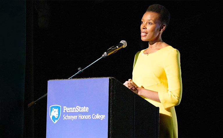 Elizabeth Nyamayaro speaking to Scholars during the Luchinsky Lecture
